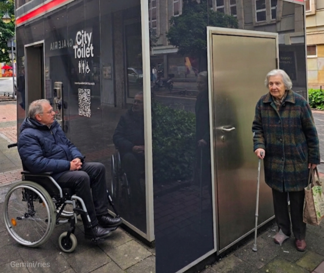  Während im Inneren die Kabinen belegt oder verunreinigt werden, stehen Menschen mit einer medizinischen Notsituation oder schweren Mobilitätseinschränkung draußen in einer Warteschlange