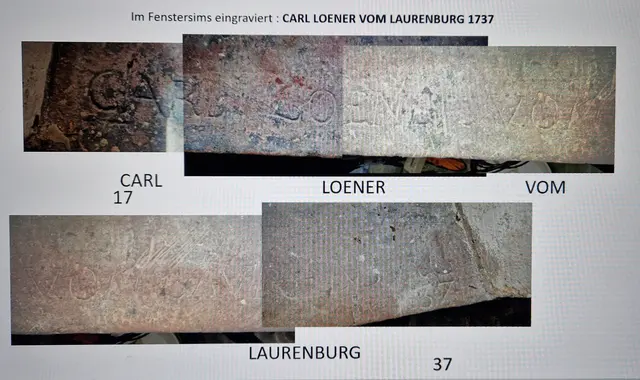 Der Stein mit der Inschrift "CARL LOENER VOM LAURENBURG" 1732 stammt von der Neuburg in Battenberg , dieser sollte eigendlich über der Kellertür der Neuburg sitzen, er ist aber aus nicht bekannten Gründen nach Hatzfeld gekommen und ist nun im Fenstersims der alten Oberförsterei vermauert.
Die Jahreszahl 1737 wird 1732 gelesen.