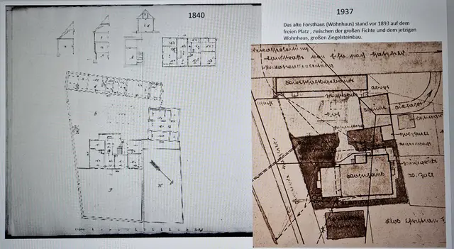 Plan links Forstwohnung und Scheune 1840
rechts Plan der Worstwohnung und Scheune 1937