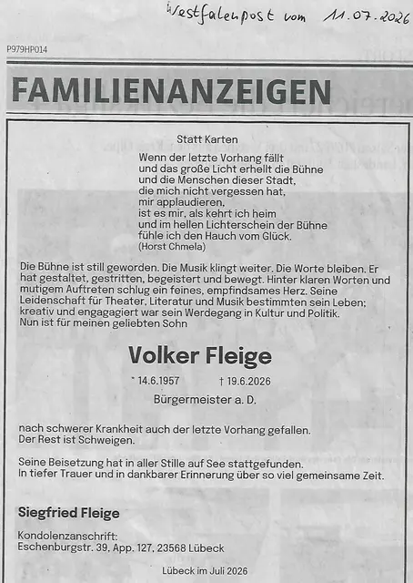 Jeden Samstag hole ich für meine Mama die Westfalenpost Menden. In der Ausgabe vom 11.07.2026 befand sich die Todesanzeige von Volker Fleige. Da viele Menschen keine Tageszeitgung mehr beziehen, zeige ich sie hier!