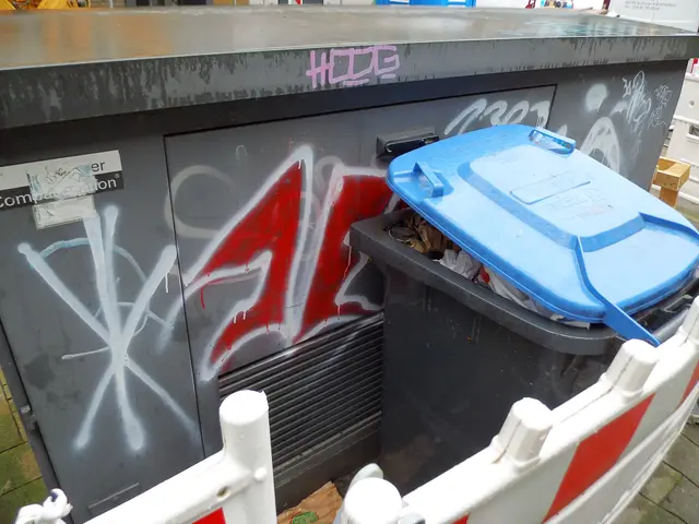 Mülltonne mit blauen Deckel für Papier und Pappe direkt an Trafostation vor den Lüftungsgittern der Energieanlage.
Ort: Innenstadt Wesel | Foto: Siegmund Walter, 03.06.2026, 10:49 Uhr