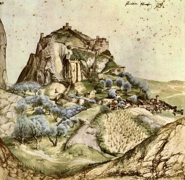 Ein kaum 22 mal 22 Zentimeter kleines Aquarellblatt hält die Burg von Arco im Frühjahr 1495 fest, gemalt von Albrecht Dürer (1471–1528), dem Nürnberger Meister der deutschen Renaissance, auf der Rückreise von seiner ersten italienischen Reise: Mit fast fotografischer Genauigkeit gibt es den Fels, die Stadtmauer und das silbrig schimmernde Laub der Olivenhaine wieder – ein zartes, im Louvre verwahrtes Blatt, dessen Anblick sich in über fünf Jahrhunderten kaum verändert hat.
 | Foto: Daniel J. Basler