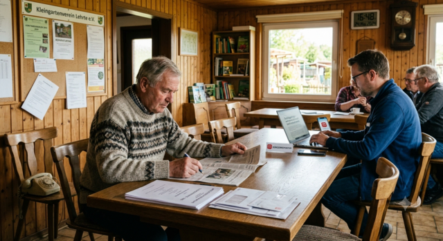 Ein stimmungsvolles Foto aus dem Vereinsheim des Kleingartenvereins Lehrte e.V. an einem Holztisch. Links sitzt ein älterer Mann in einem gestrickten Pullover und schreibt auf eine geöffnete Tageszeitung. Rechts sitzt Daniel Jansen, ein jüngerer Mann mit Brille, und arbeitet an einem modernen Laptop. Die Szene symbolisiert den Kontrast und die Koexistenz von analoger Tradition (Zeitung, altes Wählscheibentelefon im Vordergrund) und digitalem Fortschritt (Laptop, Smartphone, Bürgerreporter-Schild). Im Hintergrund sind Holzverkleidungen, eine Pinnwand, ein Bücherregal, ein Fenster und eine Pendeluhr zu sehen.