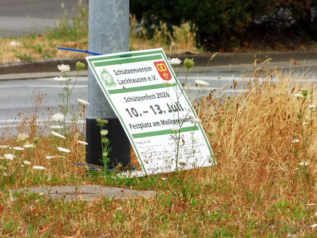 Schild zum Schützenvereinsfest im Straßenkreuzungsbereich Brüner Landstraße/Emmericher Straße/Hagerstownstraße. Insgesamt 4 Schilder im Kreuzungsbereich, alle 4 Schilder sind zu Boden gerutscht. | Foto: Siegmund Walter, 19.07.2026, 09:13 Uhr