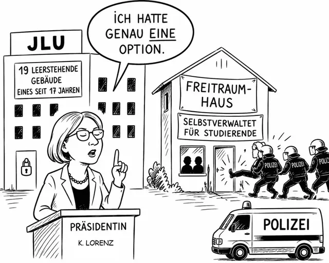 “Ich hatte genau EINE Option” 
(Karikatur zur Stellungnahme von JLU-Präsidentin Lorenz) | Foto: Zeichnung: Martina Lennartz
