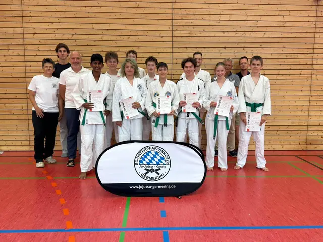 v.l. Prüferin Susanne Laumer, Trainer Luca Pfann, Prüfer Uwe Wolff, Manomay, Maximilian, Paul, Jakob, David, Noah, Emanuel, Tobias, Julia, Trainer Günter Bauer, Trainer Eike Sommer, Julian