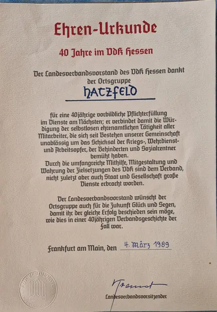 Ehrenurkunde zum 40 jährigen Bestehen des VdK Hatzfeld