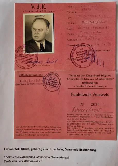 Ausweis für Willi Christ - Vorsitzender des VdK Hatzfeld von 1956 - 1967
Willi Christ war Lehrer in Hatzfeld und bei den ältesten Hatzfelder noch in guter Erinnerung.
