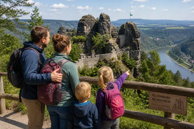 Familie genießt den Ausblick auf die Felsenburg Neurathen in der Sächsischen Schweiz | Foto: KI-generiert mit OpenAI GPT-Image-2