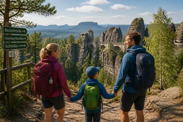 Eltern wandern mit ihrem Sohn an der Hand durch die Sächsische Schweiz | Foto: KI-generiert mit OpenAI GPT-Image-2