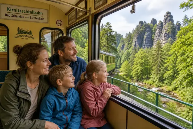 Familie fährt mit der Kirnitzschaltbahn von Bad Schandau nach Lichtenhain in der Sächsischen Schweiz | Foto: KI-generiert mit OpenAI GPT-Image-2