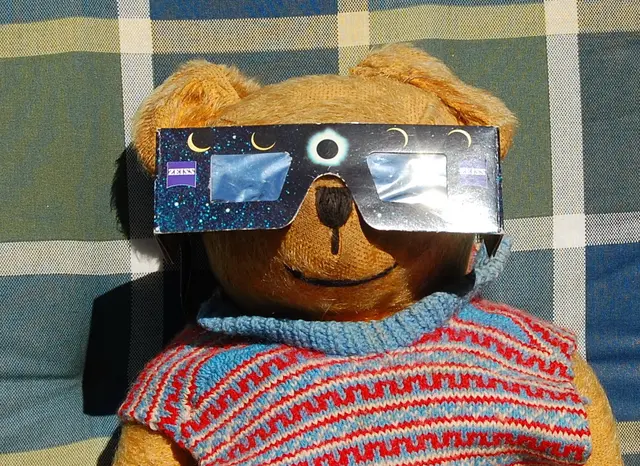 Und dann das Wichtigste: Ohne Schutzbrille würden wir uns ein Loch in die Netzhaut des Auges brennen. Das wollen wir nicht - auch mein Teddy nicht. Und der kennt sich aus, denn er hat schon 11 Sonnenfinsternisse miterlebt. | Foto: Kurt Wolter