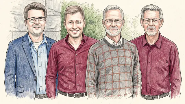 Ingo Koschenz, Brian Baatzsch, Jörg Sievers und Andreas Plattner von links © Wolfgang Decius, Karikatur KI-generiert.