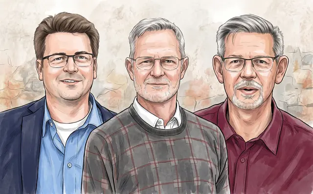 Bürgermeisterkandidaten von links: Ingo Koschenz, Jörg Sievers und Andreas Plattner. © Wolfgang Decius, Karikatur KI-generiert.