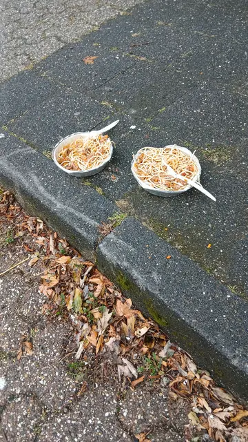 Zwei noch gut gefüllte Plastikteller mit Plastikbesteck auf dem Bürgersteig vor einem Park-Seitenstreifen an der Tannenstraße in Wesel-Obrighoven. | Foto: Siegmund Walter, 18.08.2026, 12:03 Uhr