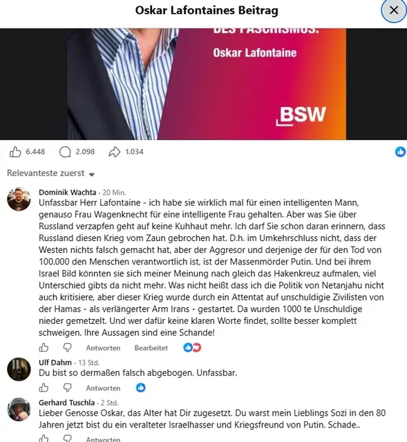 Hier der Original Kommentar von Dominik Wachta zu Oskar Lafontaine´s Post. | Foto: Screenshot/Facebook