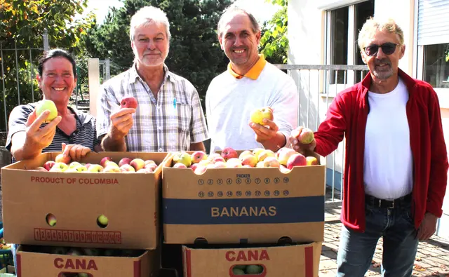 Sabine und Bernard Vogl  (von links) und zwei weitere Obstanlieferer  erklärte  warum das Obst in diesem Jahr so klein gewachsen sei.  | Foto: Peter Heider