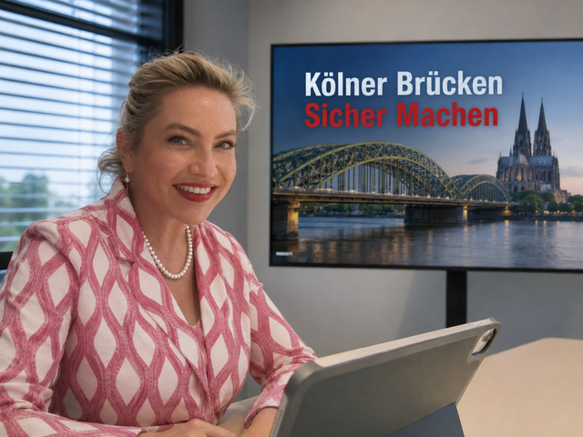 Die Kölner Politikern Harriet Krüger von der Kölner StadtGesellschaft (KSG) will die Kölner Rheinbrücken langfristig durch Monitoring sicher machen. | Foto: Grafik mit KI erstellt - Frei von Rechten Dritter