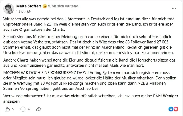 Malte Stoffers alias DJ Malte überlegt offen eine Abspaltung von den Hörercharts. Das alleine zeigt, wie angespannt die Situation mittlerweile ist.  | Foto: Malte Stoffers/Screenshot