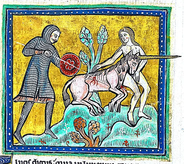 Bild aus einem fast Tausend Jahre alten Buch mit echtem ganz dünn geklopftem Goldblech (Blattgold) im Hintergrund. Frauen haben in diesen Rittermärchen die Fähigkeit auch wilde Tiere zu besänftigen. Der Ritter im Kriegsgewand möchte sie dagegen töten.