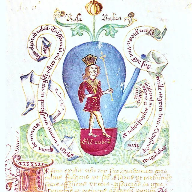 Bild aus einem 500 Jahre alten "Alchemie"-Buch mit Geheimrezepten zum Goldmachen. Weil es sehr geheim war, wurde der Begriff Gold durch das Bild des jungen Königs ersetzt, der hier im feuerfesten gläsernen Experimentiergefäß auf andere Metalle, z.B. die Königin ( Umschreibung für Silber) wartet.