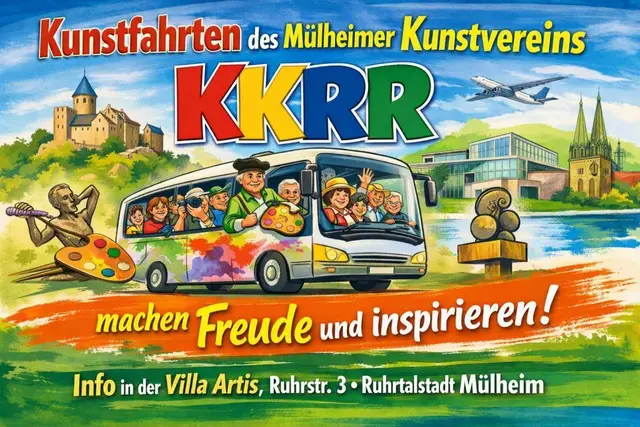 Plakat "Kunstfahrten des Mülheimer Kunstvereins KKRR" Weitere Info im Kulturort Villa Artis Ruhrstraße 3 / Ecke Delle - 45468 Mülheim an der Ruhr ÖPNV: "MH-Stadtmitte" NAVI & PARKPLATZ: "Delle" EINTRITT & FÜHRUNGEN: "stets frei - Gäste willkommen!"