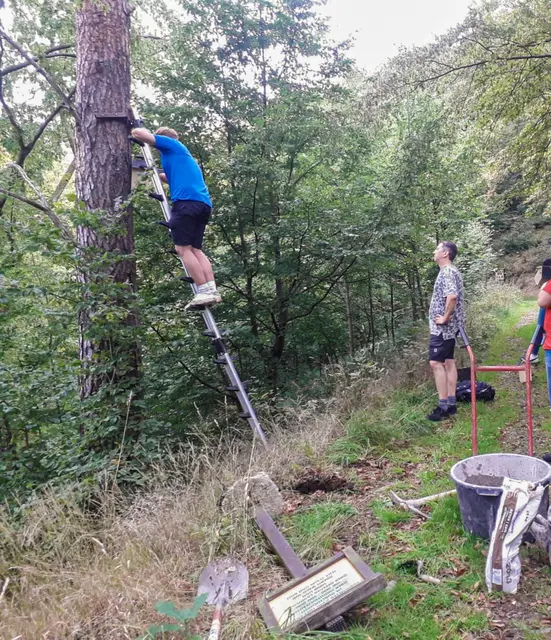 Nistkästen
Instandsetzungsarbeiten im Lehrpfad zusammen mit den Azubis der Firma H&amp;V. Defekte Nistkästen würden in Stand gesetzt und Infoschilder mit neuem Fundament versehen.