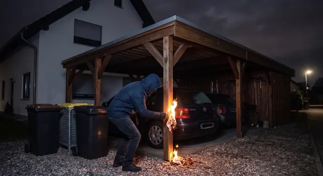 Nächtliche Brandstiftung in einem Wohngebiet. (KI-generiertes Symbolfoto)