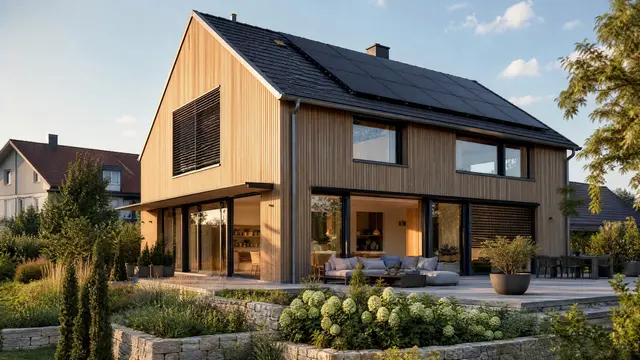 Modernisiertes Einfamilienhaus mit außenliegendem Sonnenschutz, Photovoltaik und Garten. | Foto: KI-generiert