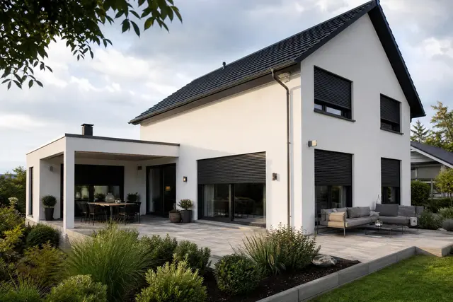 Dunkle Rollläden in Anthrazit oder Schwarz setzen moderne Akzente an der Hausfassade. | Foto: Ki-generiert