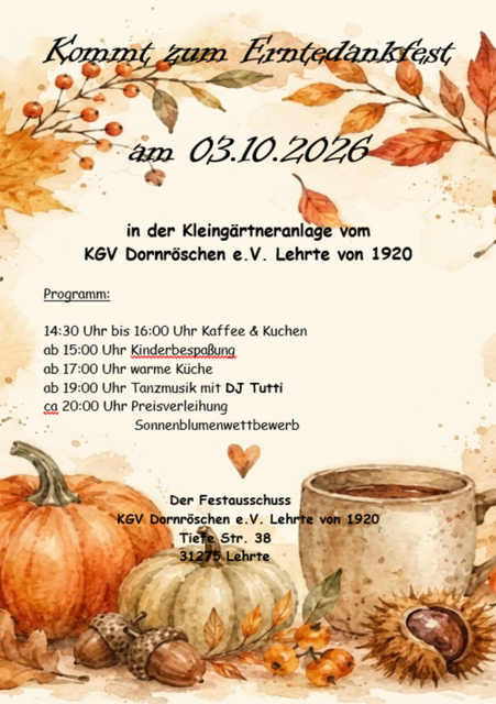 Herbstliches Erntedank‑Motiv mit Kürbissen, Blättern, Kaffee und saisonalen Dekoelementen – Einladung zum Erntedankfest des KGV Dornröschen Lehrte am 03.10.2026.