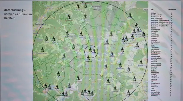 Untersuchungsbereich der Kirchen und ihre Glocken ca. 10 km um Hatzfeld