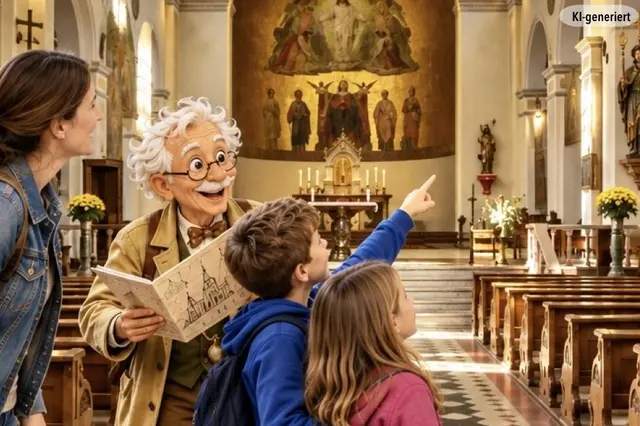Der Professor hat ein unwahrscheinliches Gedächtnis. Er weiß über die Jakobskirche sehr viel zu erzählen. Aber sb und zu bringt er etwas durcheinander. Dann braucht er die Hilfe der Kinder. | Foto: Steffen Brühl, KI-generiert