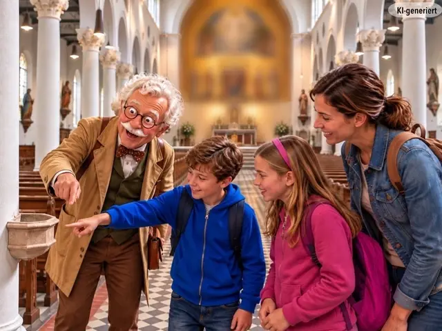 Professor Wissbegierig lehrt die Kinder zu feagen, wenn sie etwas nicht wissen. Aber er lehrt sie auch, nicht jeder Antwort sofort zu vertraueb, sondern kritisch zu bleiben.  | Foto: Steffen Brühl, KI-generiert