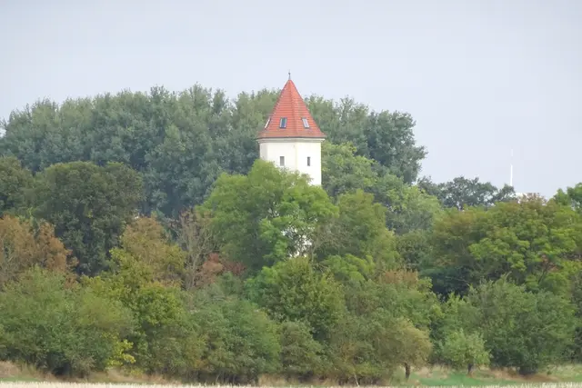 Blick vom Athenslebener See auf den einstigen Wasserturm