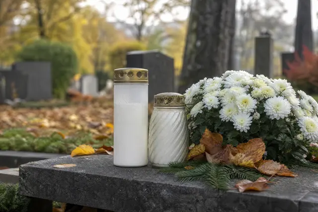 Gedenkkerzen und Chrysanthemen auf einem Friedhof | Foto: KI-generiert