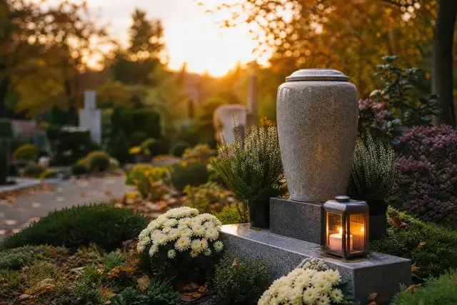 Urnengrab mit Chrysanthemen und Laterne im Herbst. | Foto: KI-generiert