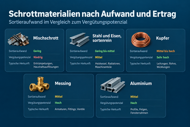 Infografik: Vergleich der Materialgruppen: Aufwand, Sortierung, Vergütungspotenzial Materialgruppe: Mischschrott | Typische Herkunft... | Foto: AREG GmbH