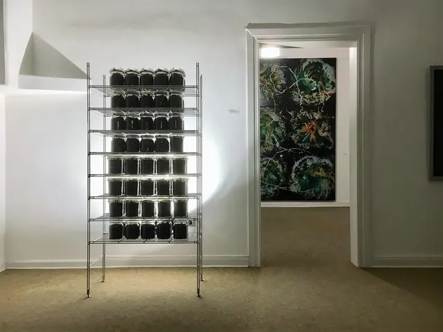 Im MMKM-Museum in der Villa Artis:  Installation "Lebensmittel Kohle" von Klaus Wiesel - dahinter "Planeten" 300 x 300 cm Öl auf Leinwand von Hans Arts Träger des MMKM Museum Moderne Kunst Mülheim in der Ruhrstraße 3 / Ecke Delle am Innenstadtpark "Ruhranlage" direkt am Ruhrufer ist der Kunstverein und Kunstförderverein Rhein-Ruhr (kurz KKRR)