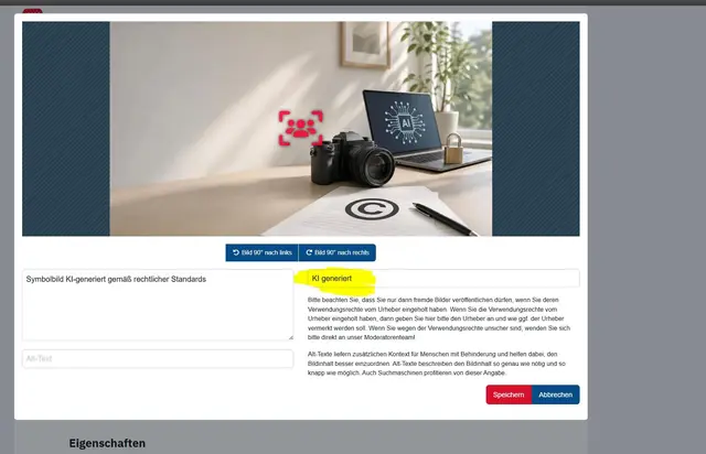 Im gelben (rechten) Textfeld wird der Bildautor eingetragen. Links kommt die Bildunterschrift dazu, falls eine gewünscht wird. 

Kleiner Profitipp: Viele Bilder sind in der Voransicht auf der Webseite mit abgeschnittenen Köpfen zu sehen. Wenn Sie im Bild das rote Symbol verschieben, können Sie den Fokus für das Vorschaubild verändern. Es ist ratsam den Roten Kasten immer auf Kopfhöhe zu plazieren. | Foto: Florian Handl