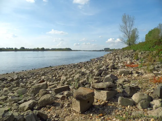 Felsige Ufer am Rhein bei Wesel mit Blick auf den Fluss und die gegenüberliegende Uferseite. | Foto: Siegmund Walter, 02.10.2026, 15:27 Uhr