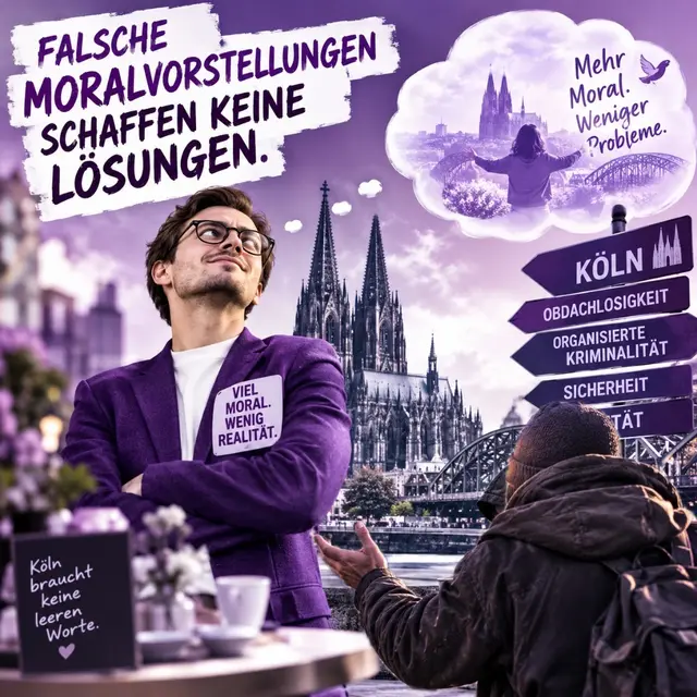 Kritik in Köln. „Lila-Welten sind Realitätsfern. Wer die Augen vor der Realität verschließt, lässt Köln im Regen stehen“. (Symbolbild mit Hilfe von KI erstellt). | Foto: KSG Frei von Rechten Dritter