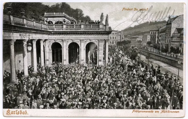 Postkarte von Karlsbad: Frühpromenade am Mühlbrunnen