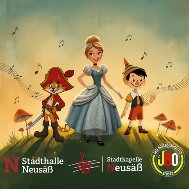 Der gestiefelte Kater, Cinderella und Pinocchio stimmen auf das märchenhafte Familienkonzert der Stadtkapelle Neusäß ein. | Foto: Stadtkapelle Neusäß