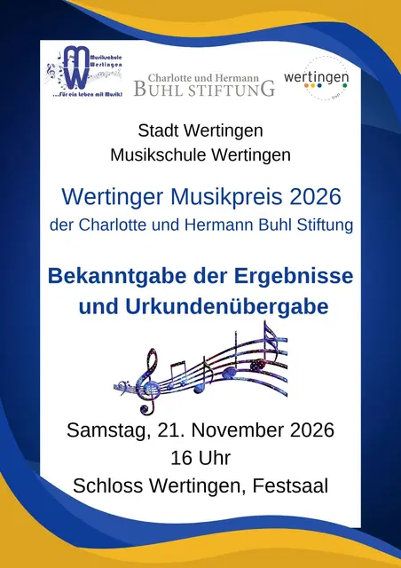Ergebnisbekanntgabe und Urkundenübergabe finden noch am Wettbewerbstag ab 16 Uhr im Festsaal des Wertinger Schlosses statt.