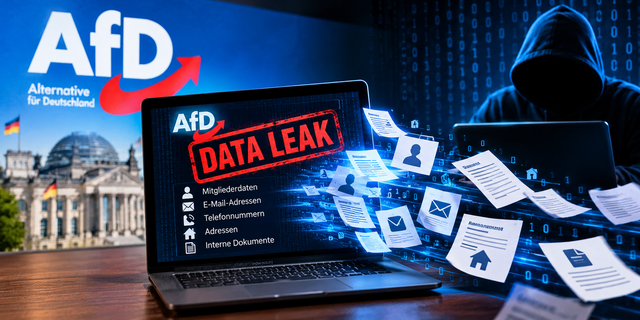 Symbolbild – KI-generiert.
Die Darstellung ist eine künstlich erzeugte Illustration zum Thema Datenleck im Zusammenhang mit der AfD. Sie zeigt keinen dokumentierten tatsächlichen Hackerangriff und keine authentische Aufnahme eines realen Ereignisses.
