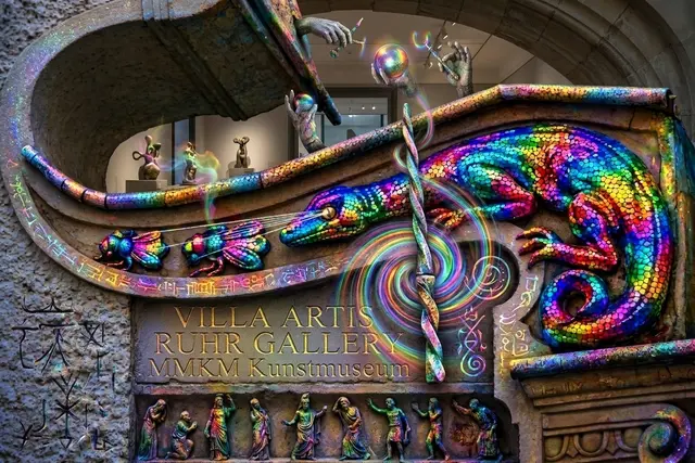 Den Giebel des Baudenkmals "Villa Artis" in der Ruhrtalstadt Mülheim zieren zwei Basilisken - bekannt als mächtige Symbolik - hier künstlerisch aufgepeppt im AIRL-Lab Mülheim, Ruhrstr. 3 / Ecke Delle