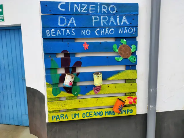 CINZEIRO DE PRAIA - BESTAS NO CHÃO NÃO - PARA UM OCEANO MAS LIMPO - Angemalte Konservendosen als: "Strandaschenbecher – keine Kippen auf dem Boden – für einen sauber(er)en Ozean" | Foto: Von S.T. fotografiert in seiner portugiesischen Heimatstadt SANTA CRUZ (siehe Bild 3) / ＡＤＦＣ Langenhagen 