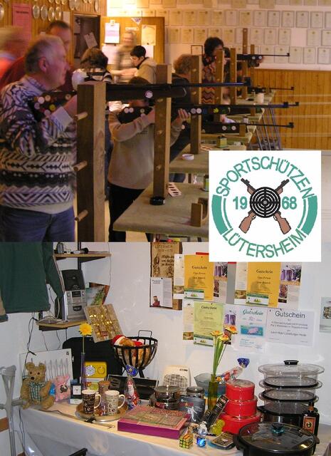 Oben - der Schießstand , unten - der Gabentisch