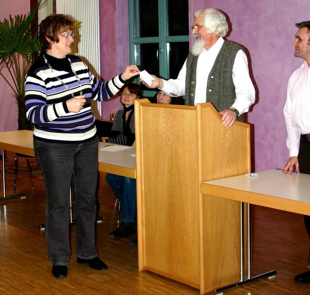 Die Vorsitzende des Kath. Frauenbundes Thekla Braun überreicht Franz X. Köhler einen Scheck über 1.000 Euro zugunsten der Orgelsanierung